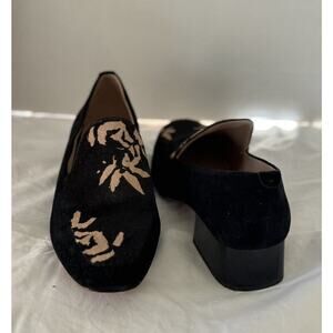 AD & Daughters Greyan Block Heel Calf Hair Loafers Black Tan Floral Size 9